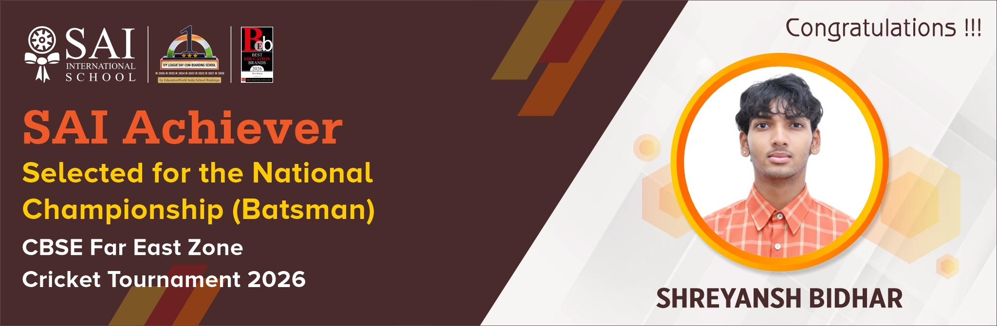 SAIoneer Shreyansh Bidhar Selected for CBSE National Cricket Tournament