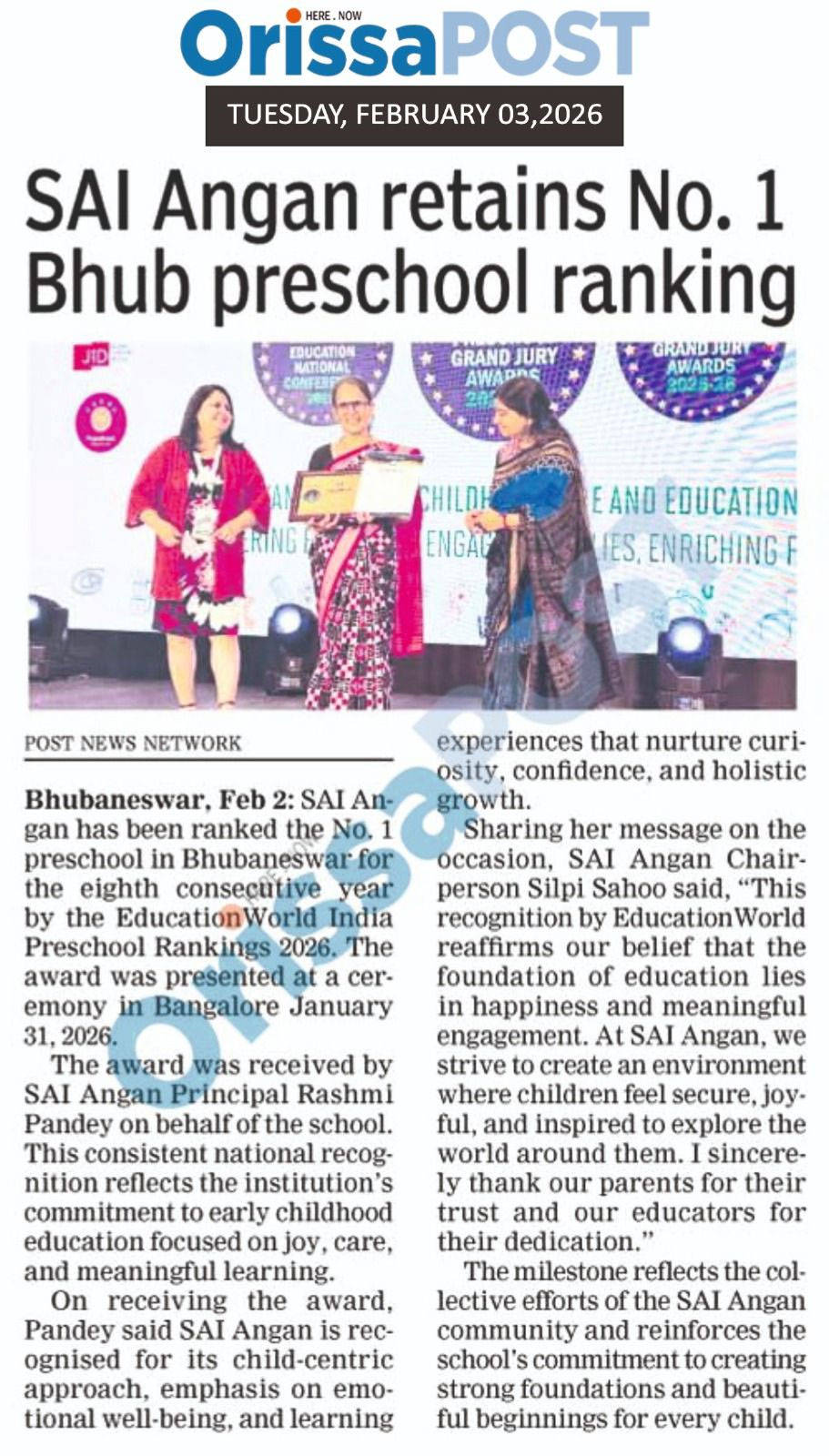 SAI Angan retains No.1 Bhubaneswar Preschool Ranking